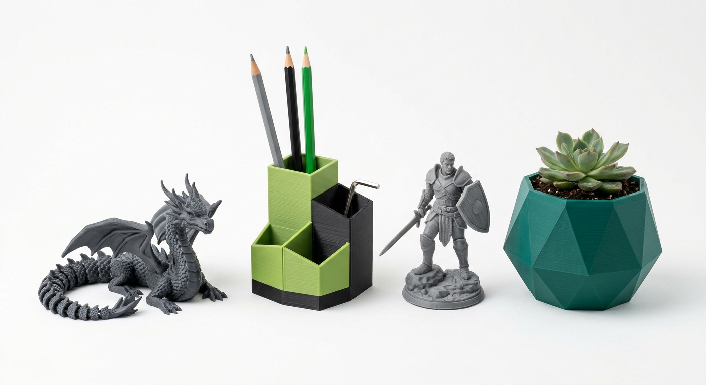 Oggetti stampati in 3D per maker: drago, portapenne, miniatura e vaso