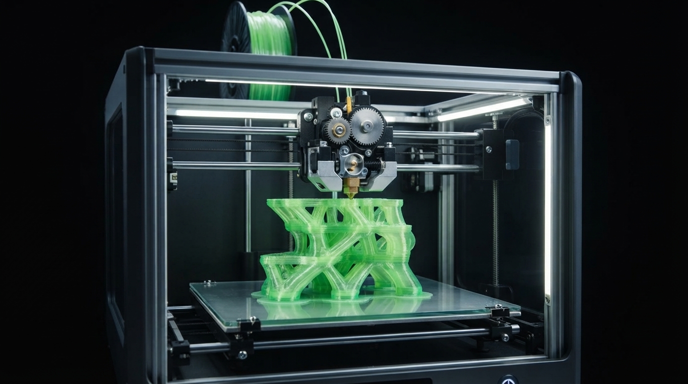 Stampa 3D: stampante FDM al lavoro con filamento verde